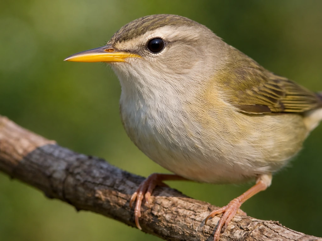Extreme close-up of a small bird’s yellow bill, legs, and tail markings on a natural branch