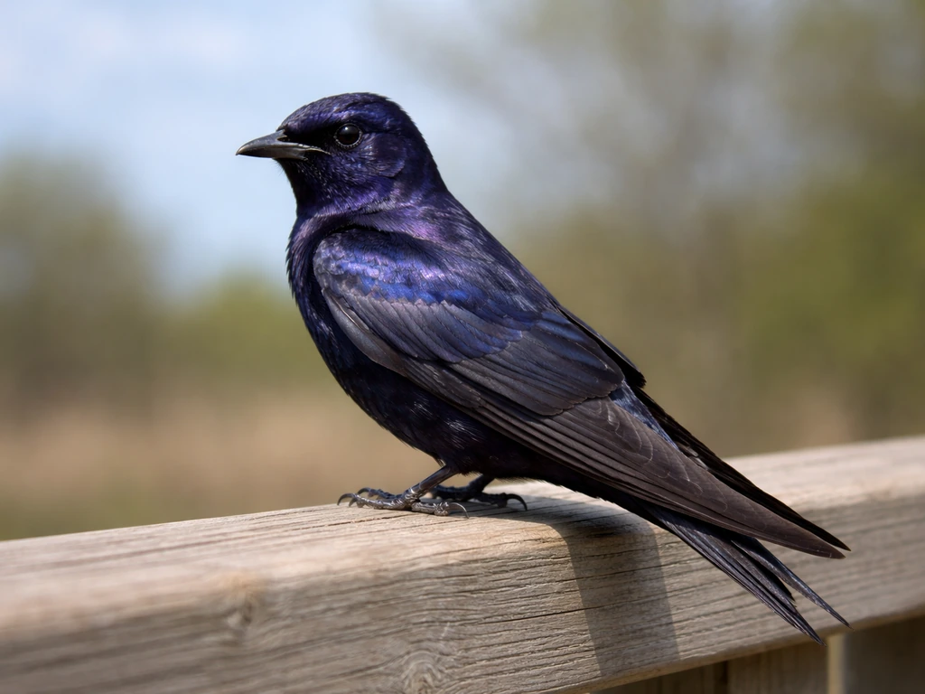 Perched purple martin with glossy dark iridescent feathers, head-to-tail view for quick ID.