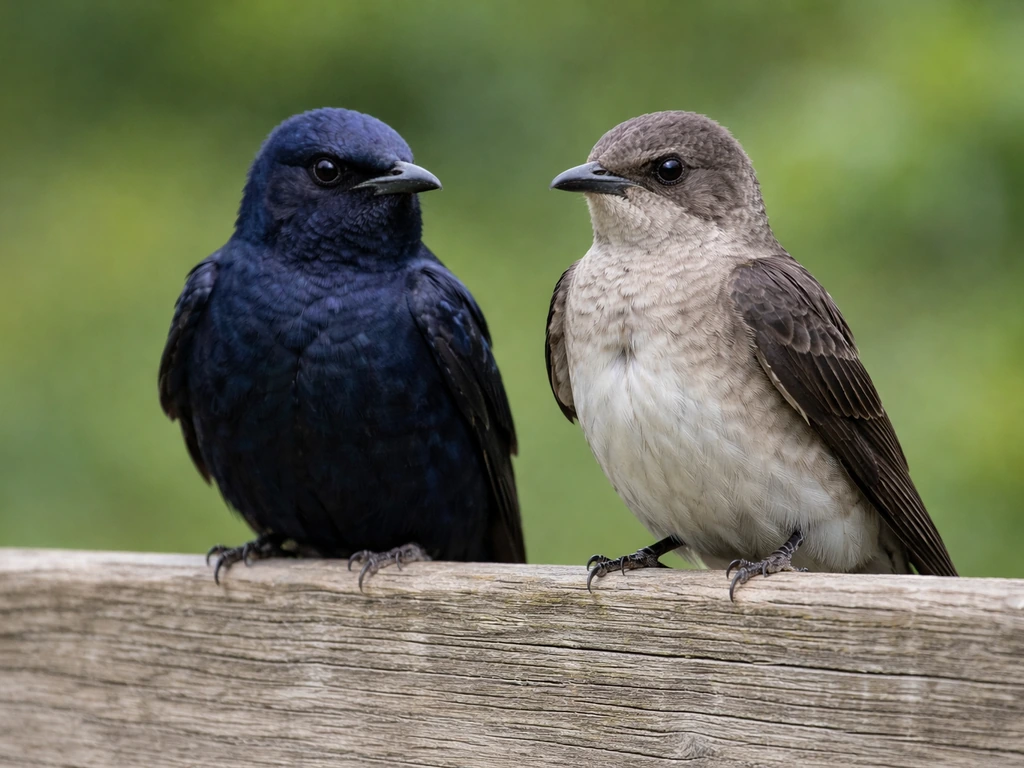 Close-up of male and female purple martins on a fence rail showing distinct head-to-tail feather markings.