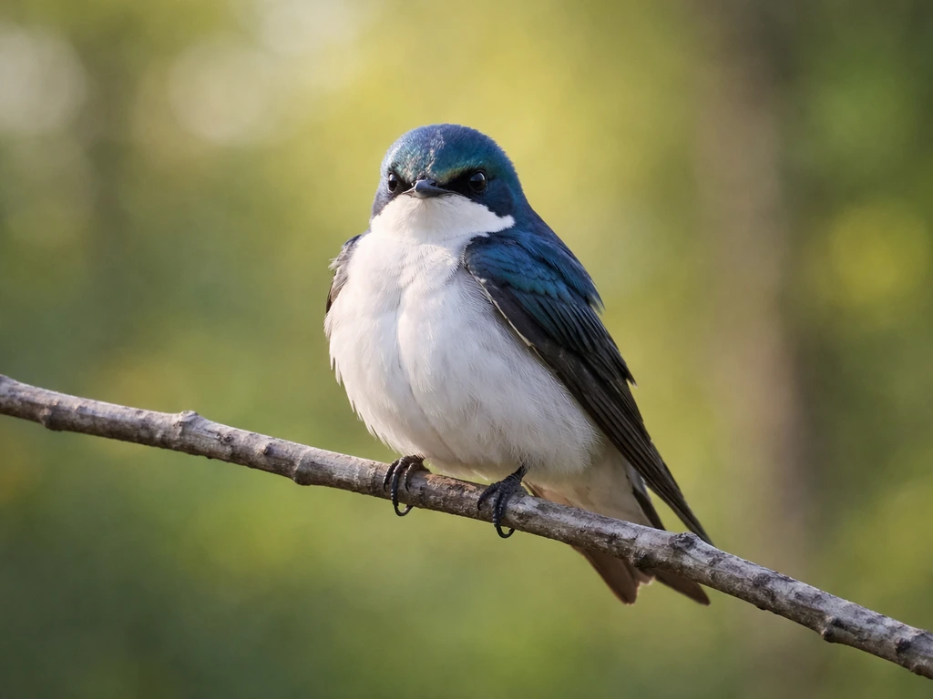 Tree swallow perched on a branch with blue-green upperparts and bright white belly