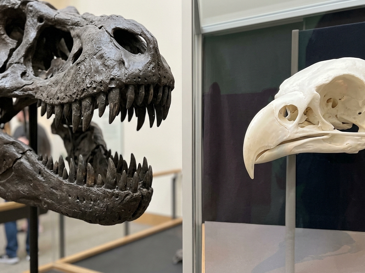T. rex skull with teeth compared to a modern bird beak