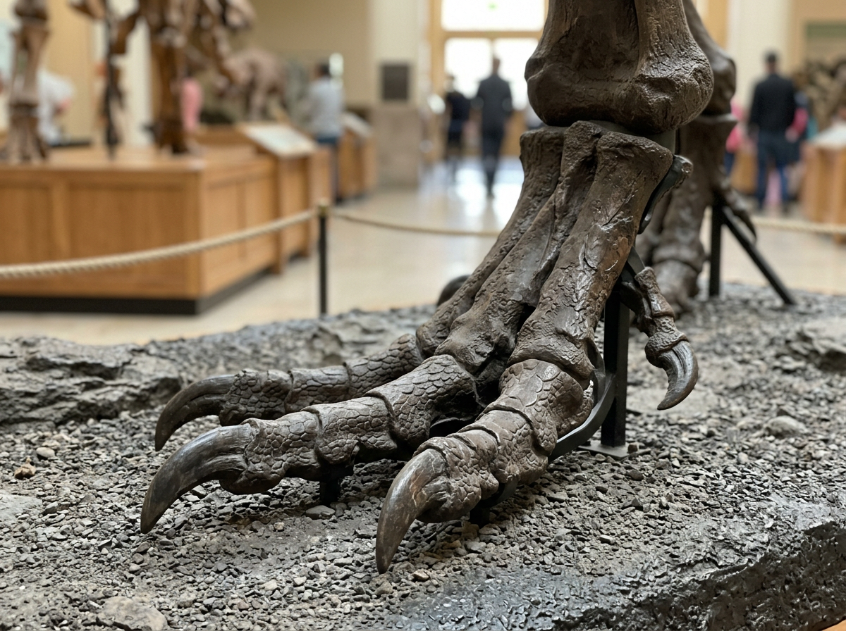 T. rex foot showing three forward toes and curved claws