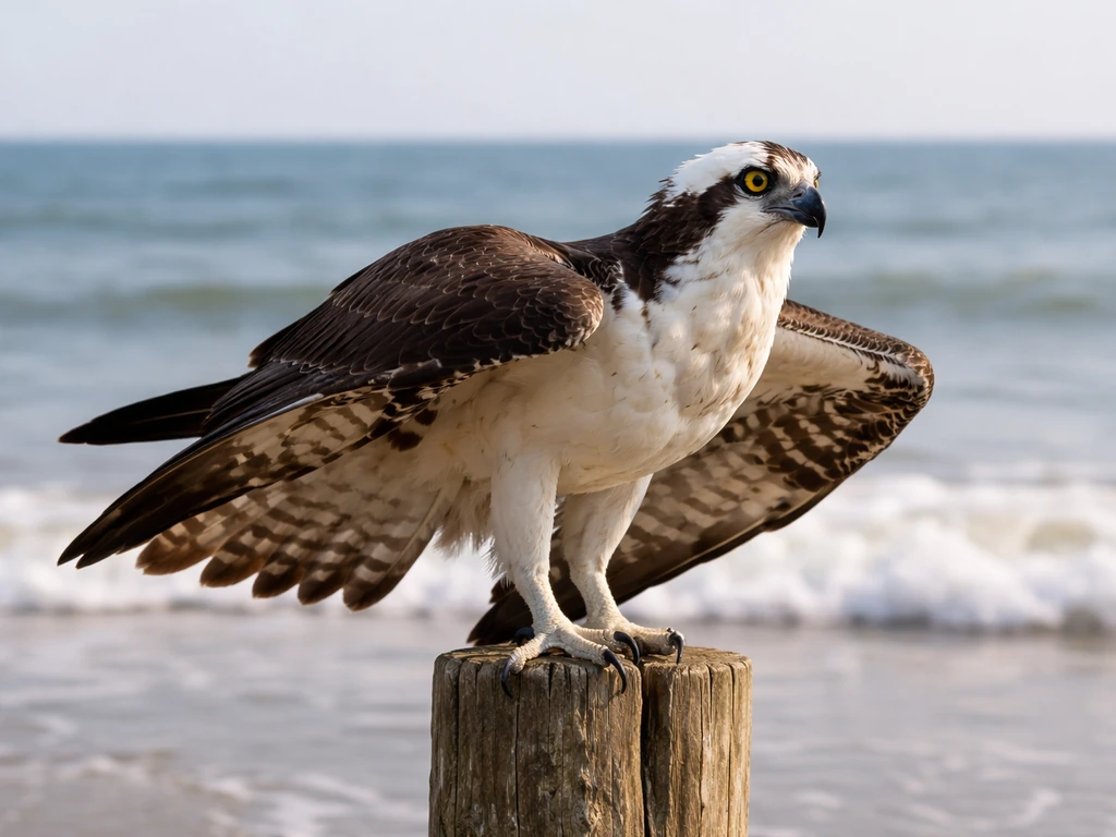 Adult osprey perched on a coastal post, wings partly visible, showing clear face and eye stripe marks.