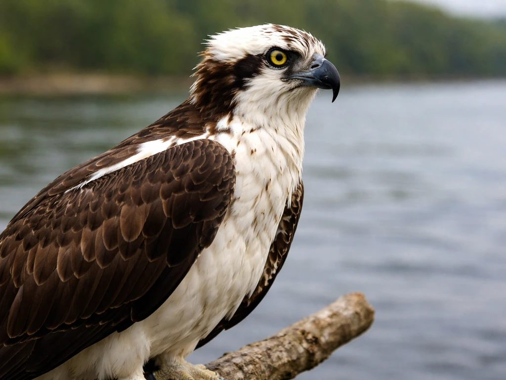 Close-up of an adult osprey showing its white head and dark eye-stripe from bill to eye.