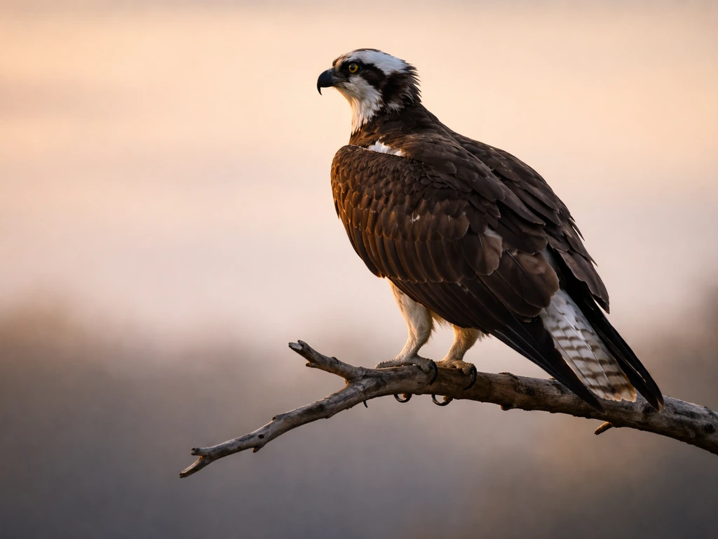 Perched osprey with long wings and a narrow pale, faintly banded tail silhouette