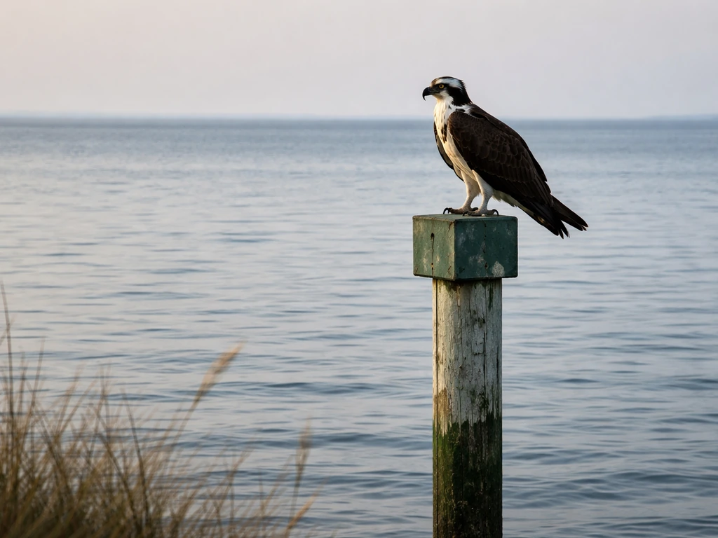 Osprey perched on a channel marker above calm open water near shore