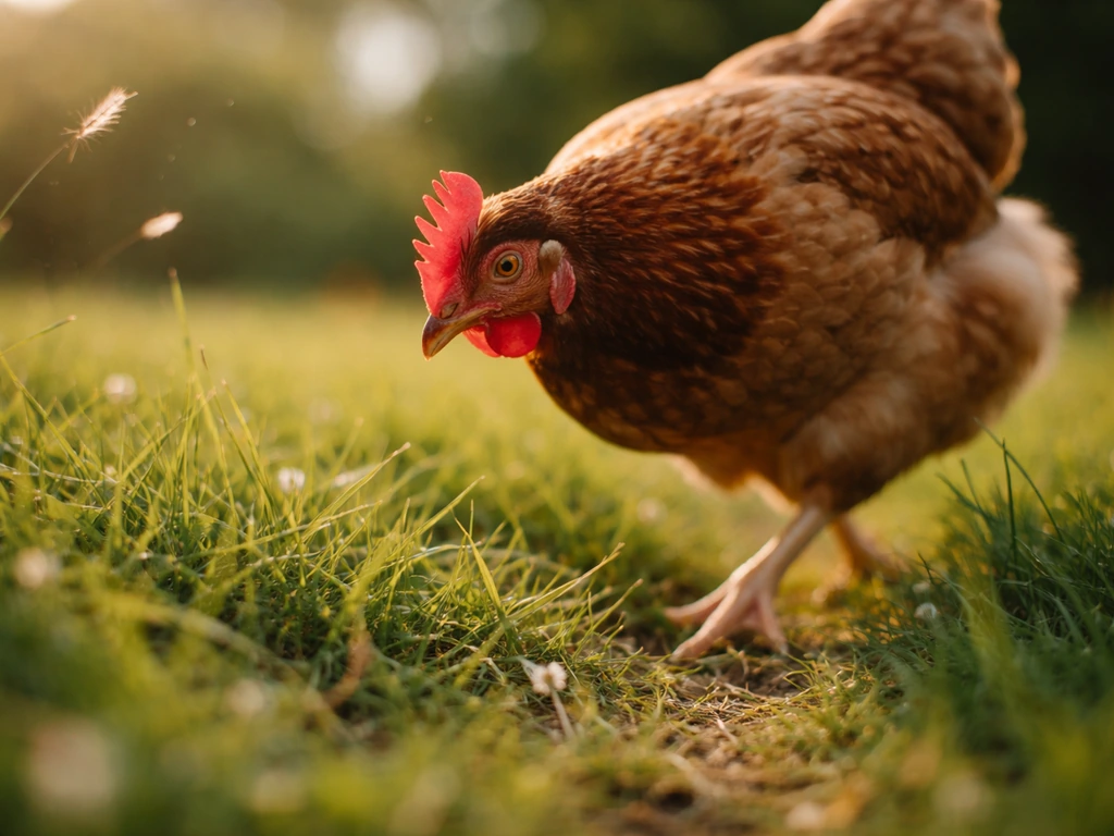 Chicken foraging in grass with sharp head detail and motion blur around it outdoors