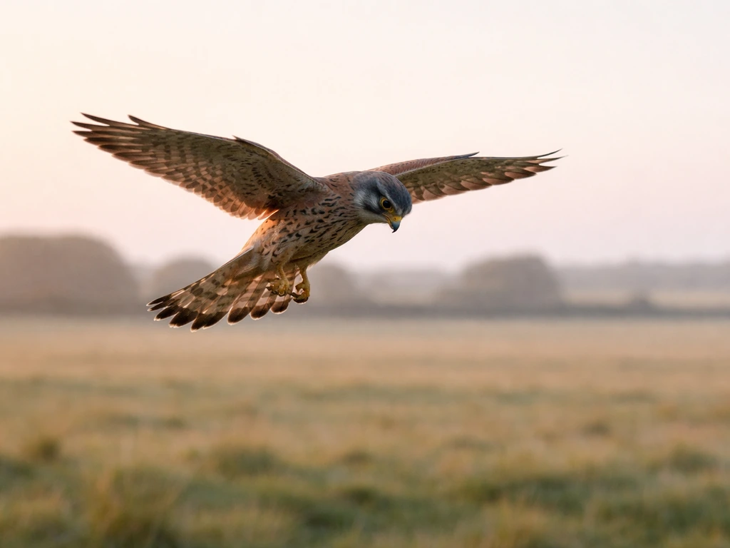 A kestrel hovering over a field at dawn, head angled as if watching prey below.