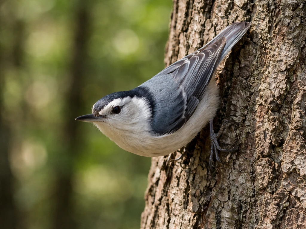 Blue-gray nuthatch with bold head stripes perched on a tree trunk, foraging on rough bark.