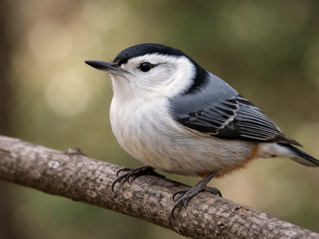 Close-up of an anonymous nuthatch-like bird with large head, bold head stripes, stout bill, and long pointed tail.