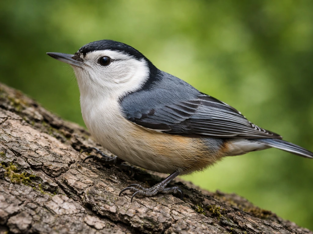 Close-up of a nuthatch perched near a feeder, showing large head, short neck, stout bill, and long pointed tail.