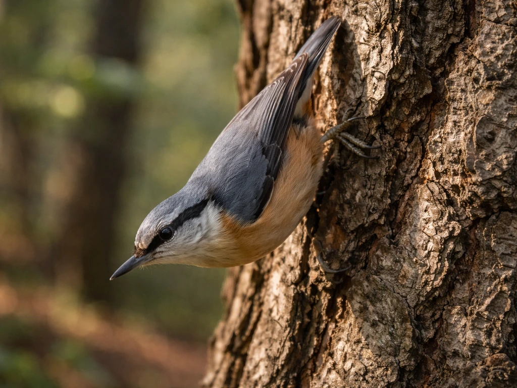 A small nuthatch foraging headfirst on a rough tree trunk in a wooded area.