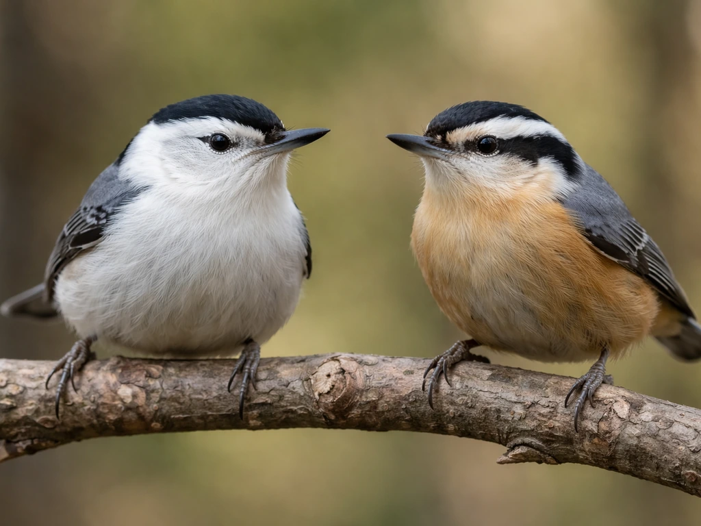 Two nuthatches perched side-by-side, showing pale underparts and facial markings for comparison.