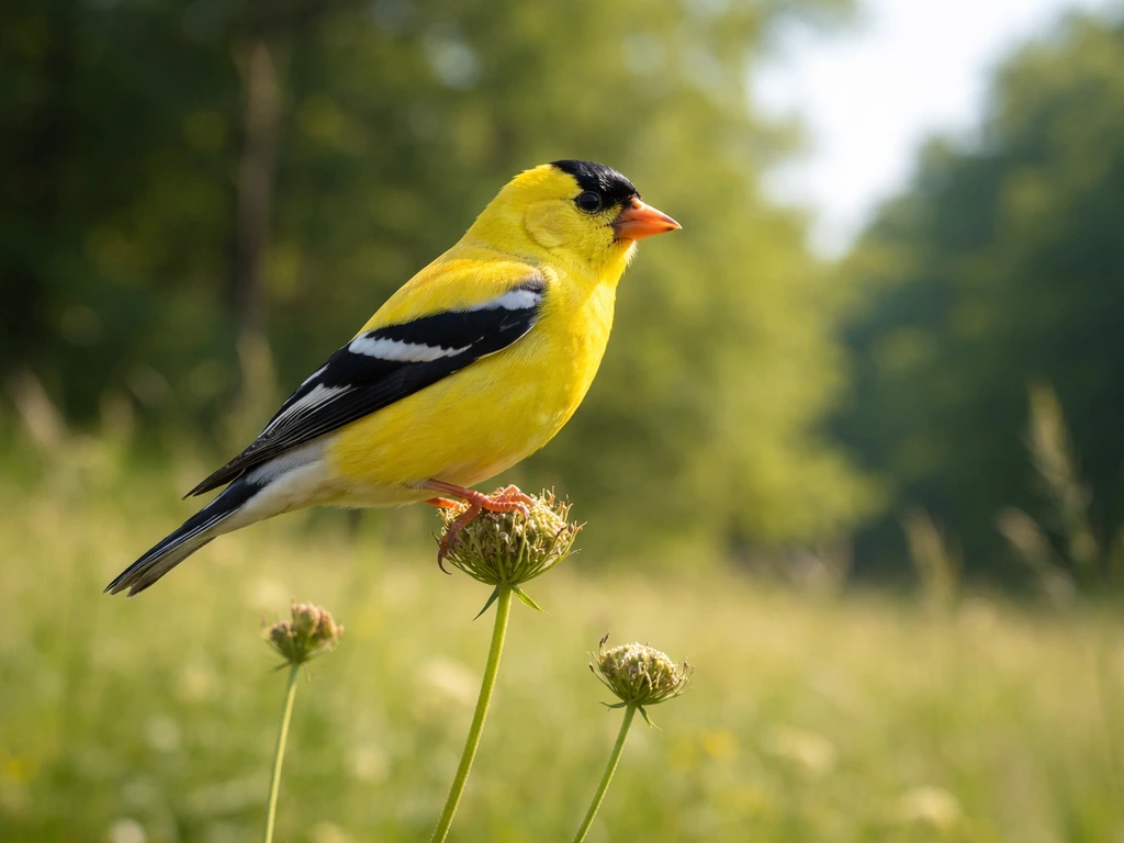 American goldfinch perched on a wildflower stem, showing yellow body and black cap clearly.