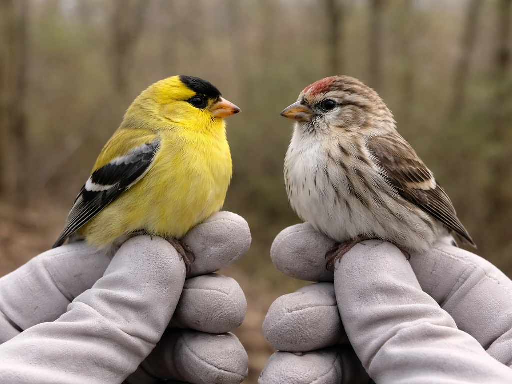 Two small finches held in gloved hands, side-by-side outlines showing compact size and short tail silhouette.