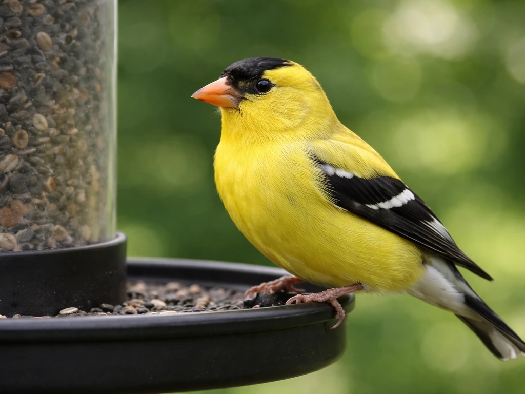 Vivid male American goldfinch perched on a feeder edge, black cap and lemon-yellow body in crisp contrast.