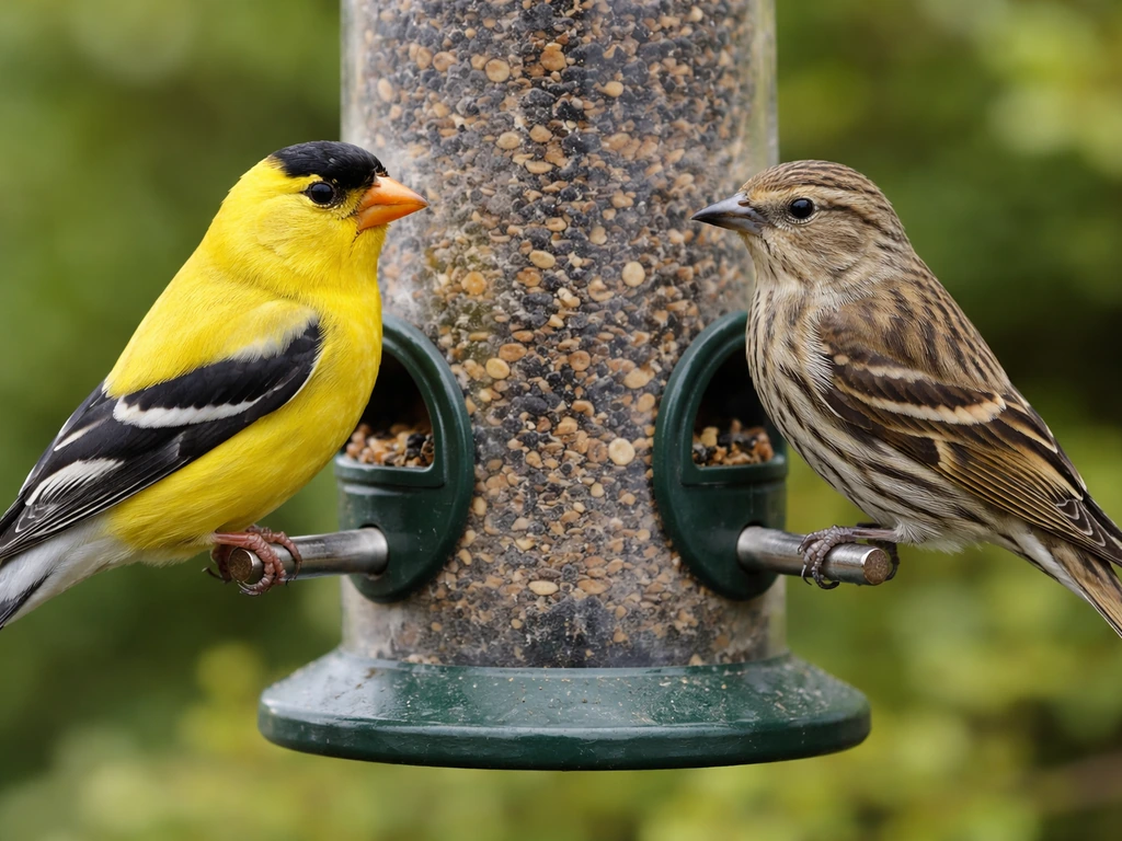 Two small feeder birds side-by-side: a yellow American goldfinch and a streaked pine siskin in natural light.