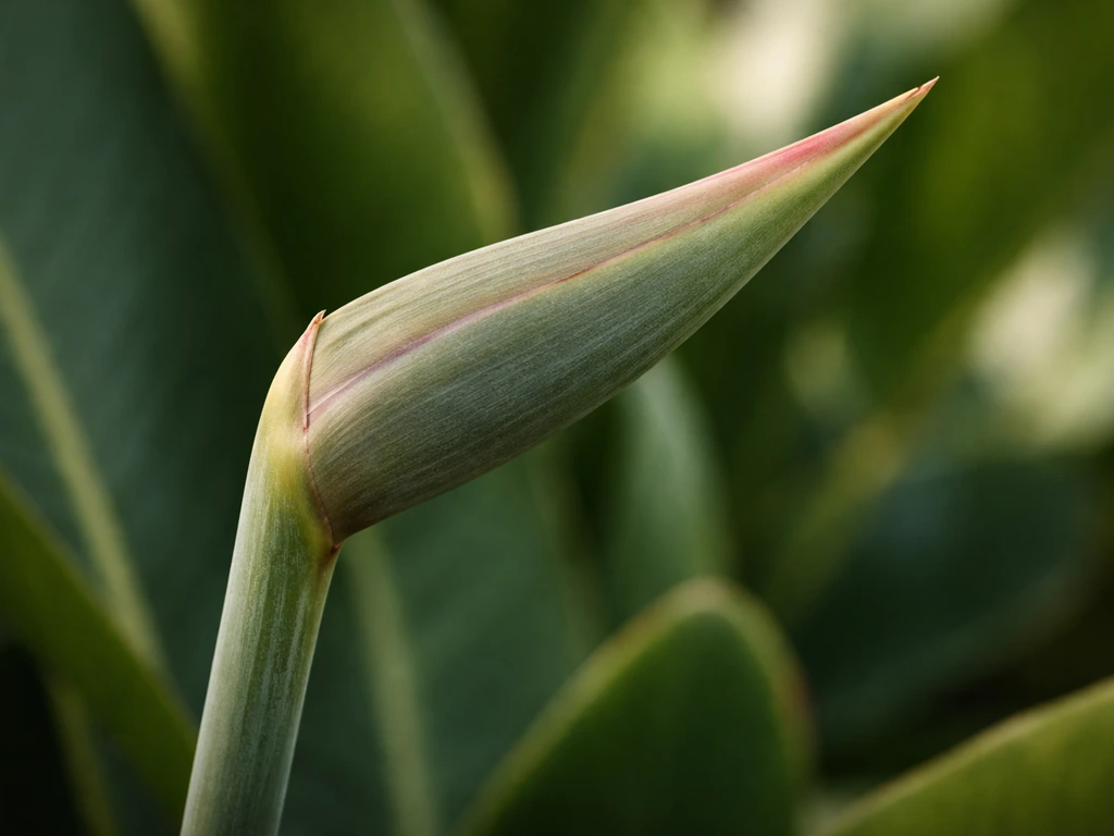 Close-up of a bird of paradise bud with a stiff boat-shaped spathe before opening on a stem