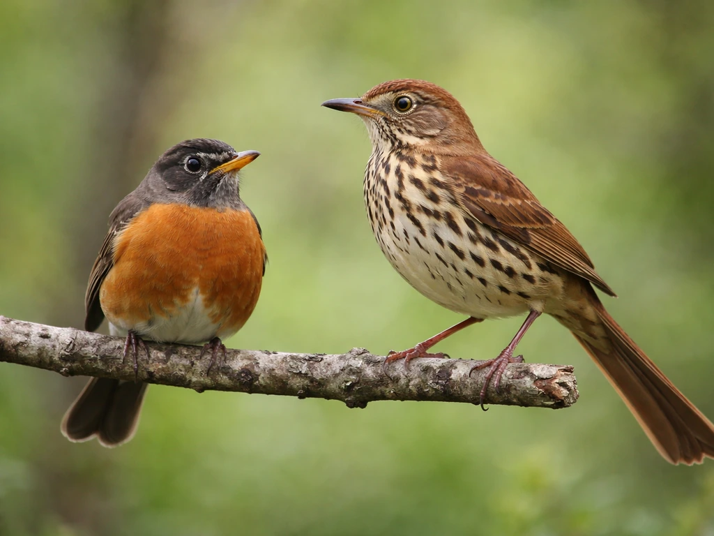 Two side-by-side songbirds on a branch showing a robin-like vs longer-tailed thrush silhouette.
