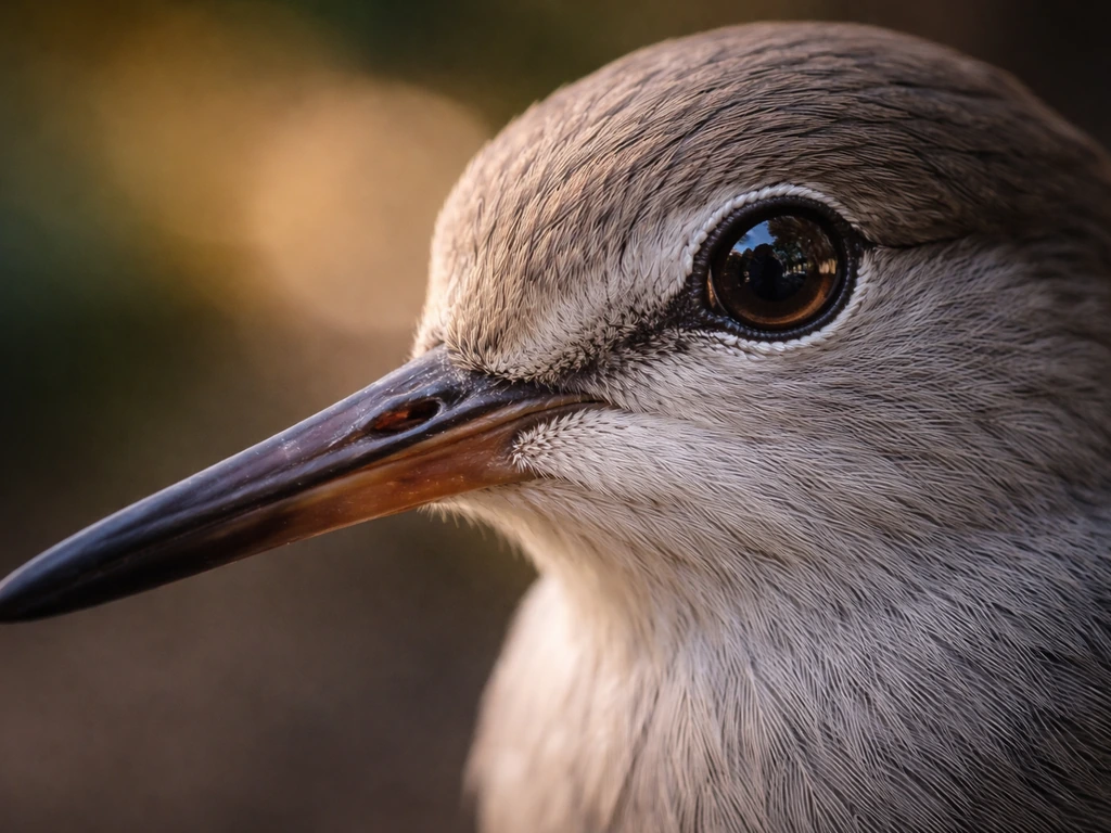 Macro close-up of a generic bird head: long bill, sharp eye, and gray-brown face details.