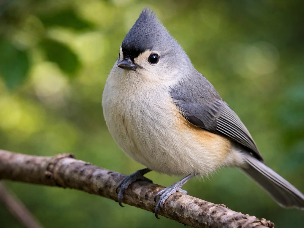 Tufted titmouse perched close-up with visible crest and bold black forehead patch