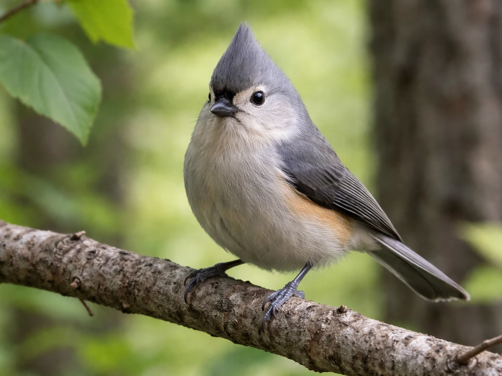 Close-up of a titmouse perched on a branch, showing its upright crest and compact body.