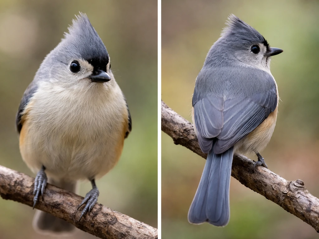 Tufted titmouse with a bold black forehead patch, showing head on one side and blue-gray back and wings on the other.