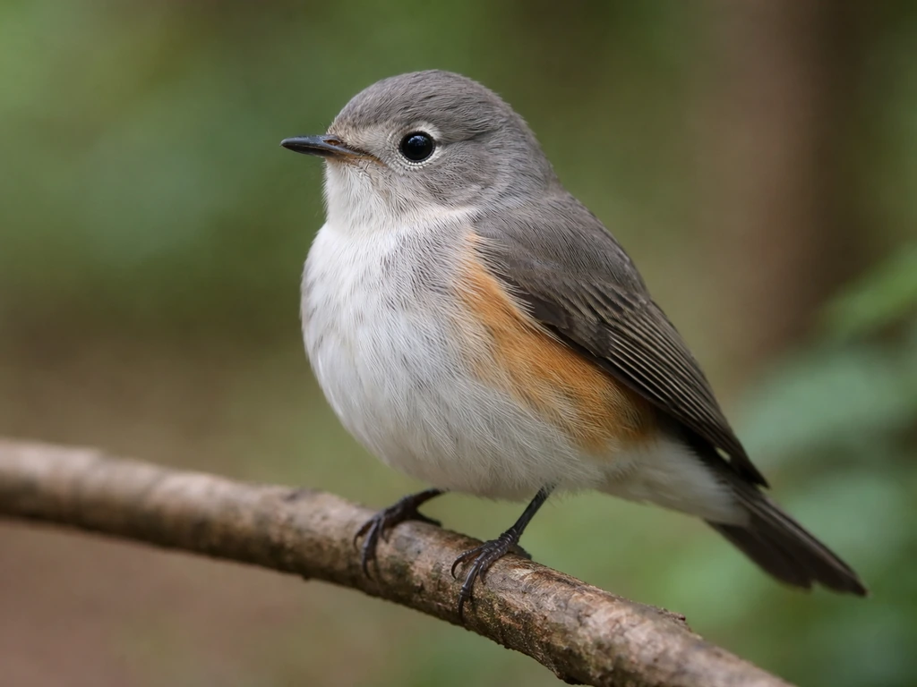Side-on view of a small gray bird with whitish belly/breast and rusty-orange wash on the flanks