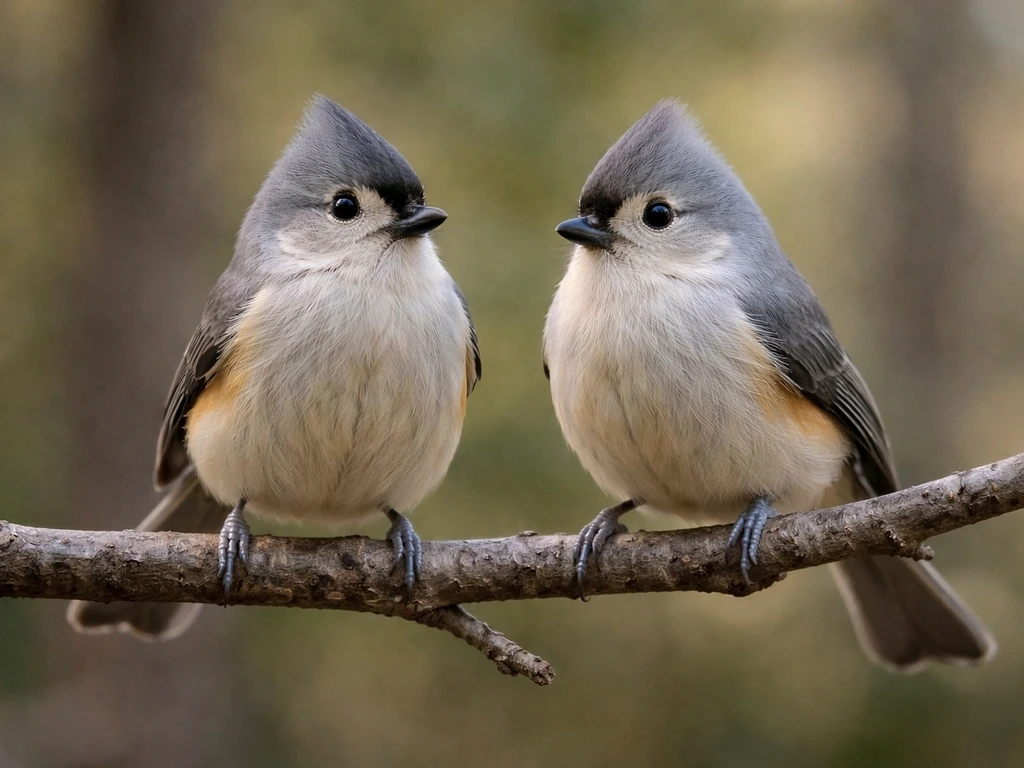 Two small gray songbirds perched side by side, showing different head and crest features against a simple branch backgro