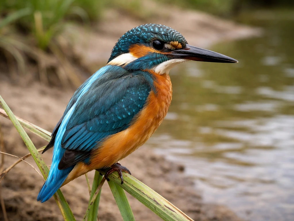 Close-up kingfisher perched by a riverside, showing its long thick bill and bright face pattern.