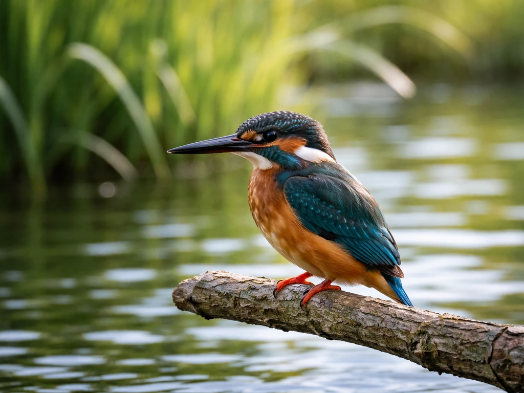 Kingfisher perched near water, clear profile with long bill, head-forward posture, and short tail.