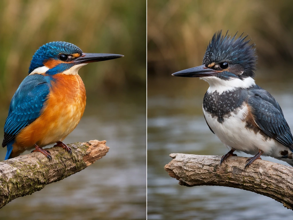 Two kingfishers side-by-side showing contrasting blue-orange vs belt-like wing and underpart markings.
