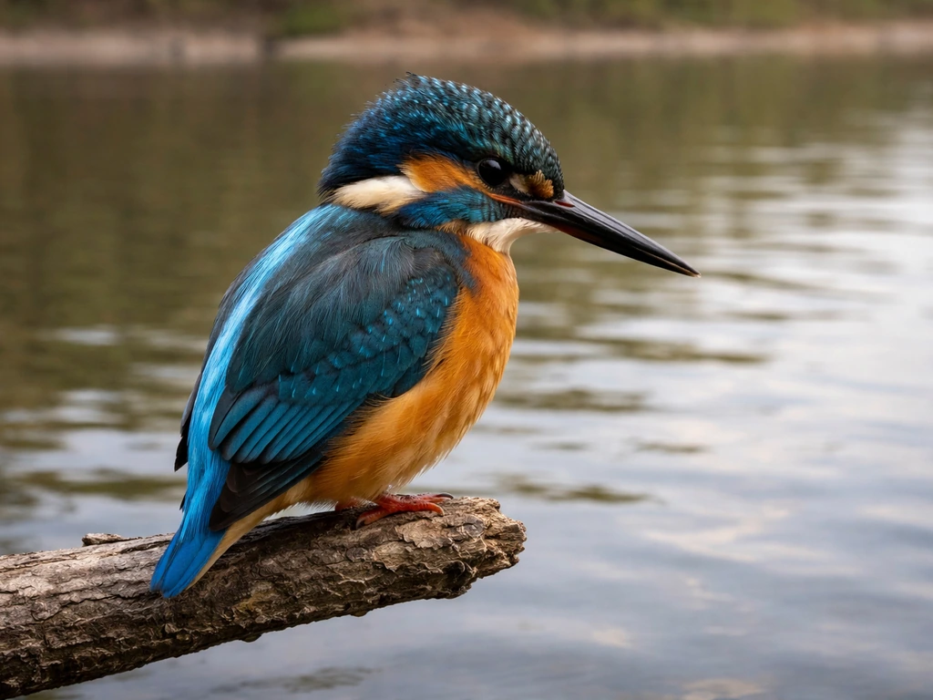 Upright kingfisher perched on a branch over calm water, side view with head/crest and long bill visible.