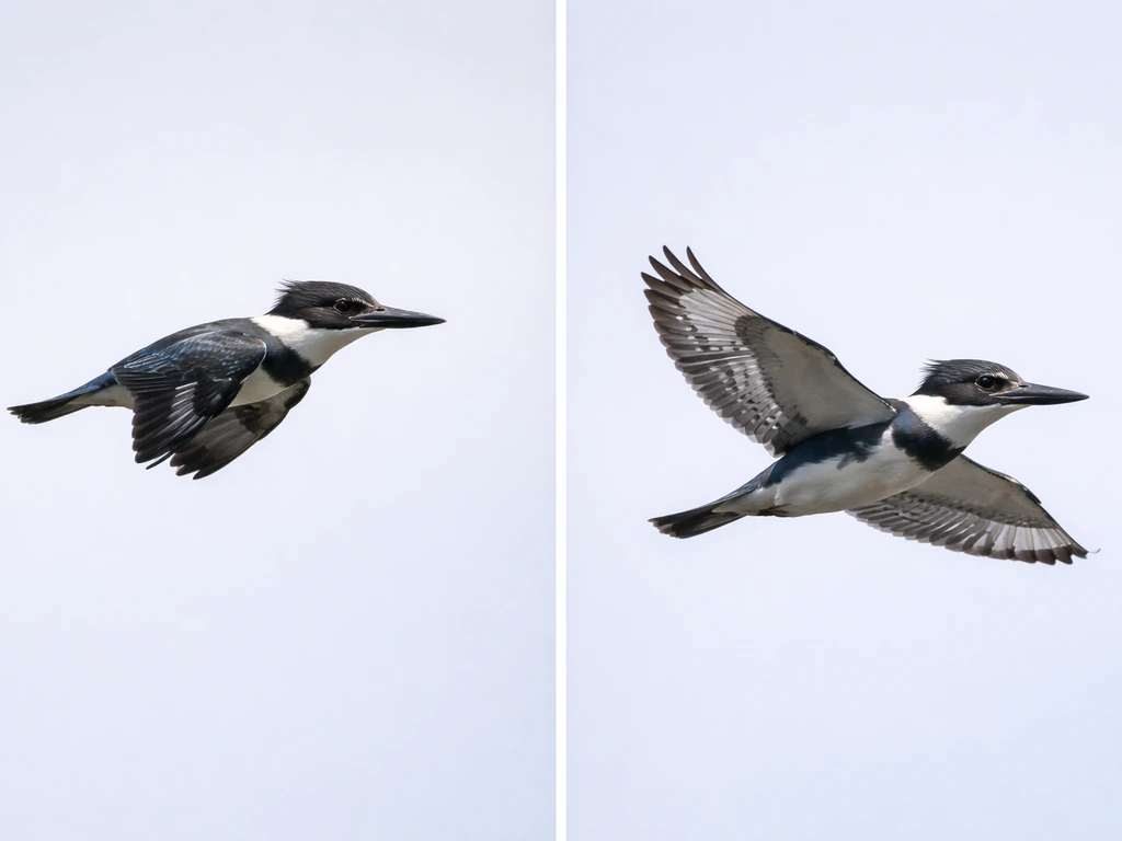 Split-screen shows a Belted Kingfisher in flight, front-heavy silhouette and wing pattern visible in the second frame.
