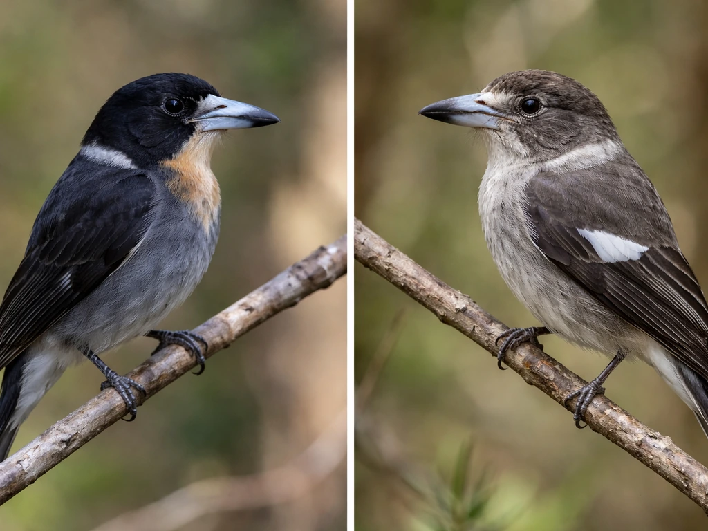 Two small silhouettes of adult male vs juvenile butcher bird showing black hood and gray-brown wingbars