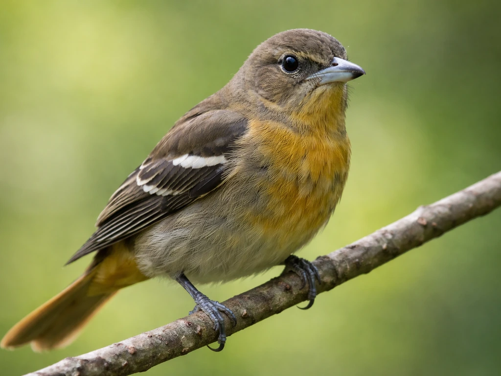 Female or juvenile Baltimore Oriole perched close-up, showing two bold white wingbars and muted brown tones.