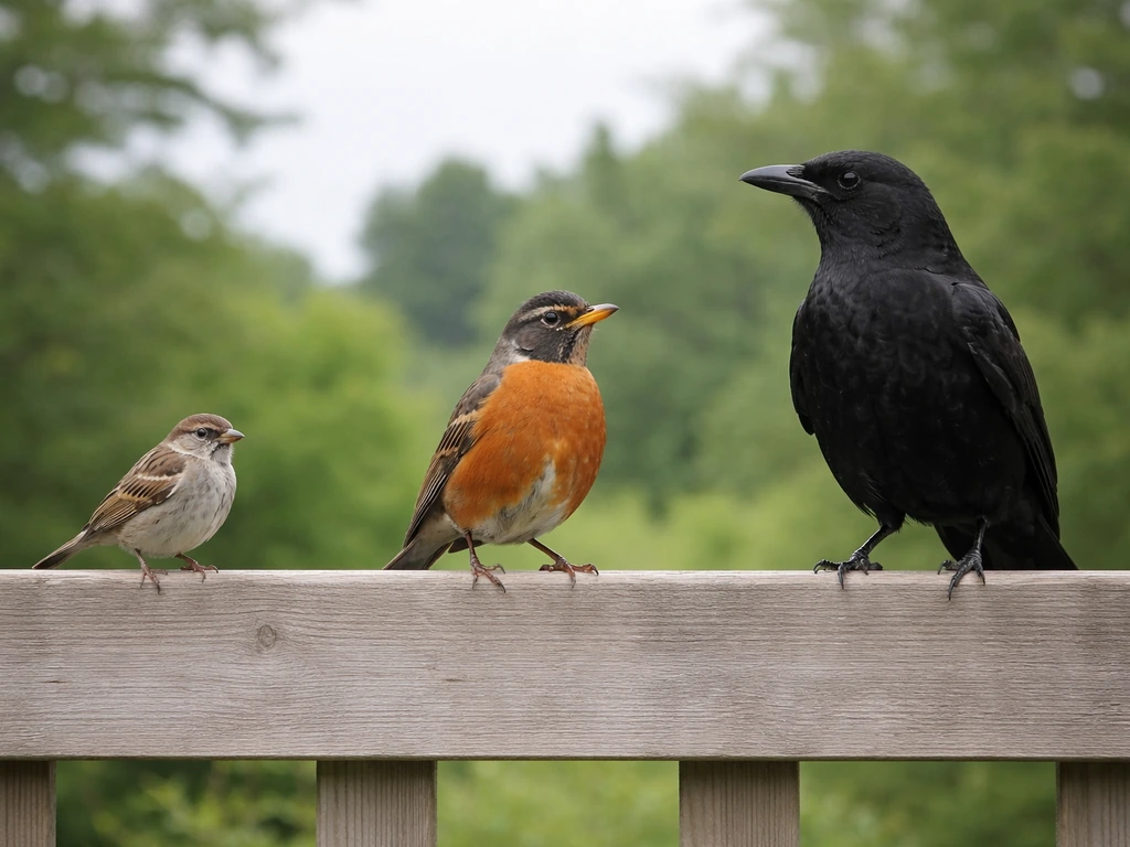 Three birds of different sizes perched on the same fence rail for silhouette comparison.