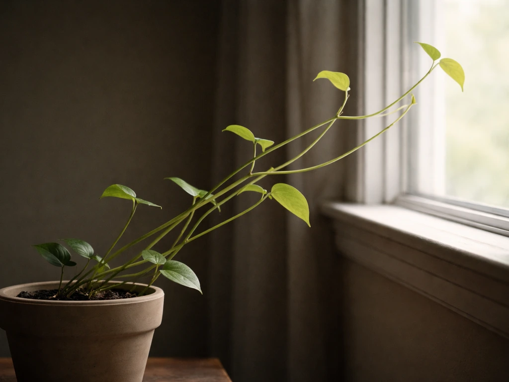 Leggy indoor houseplant with stretched stems reaching toward a bright window in low light.