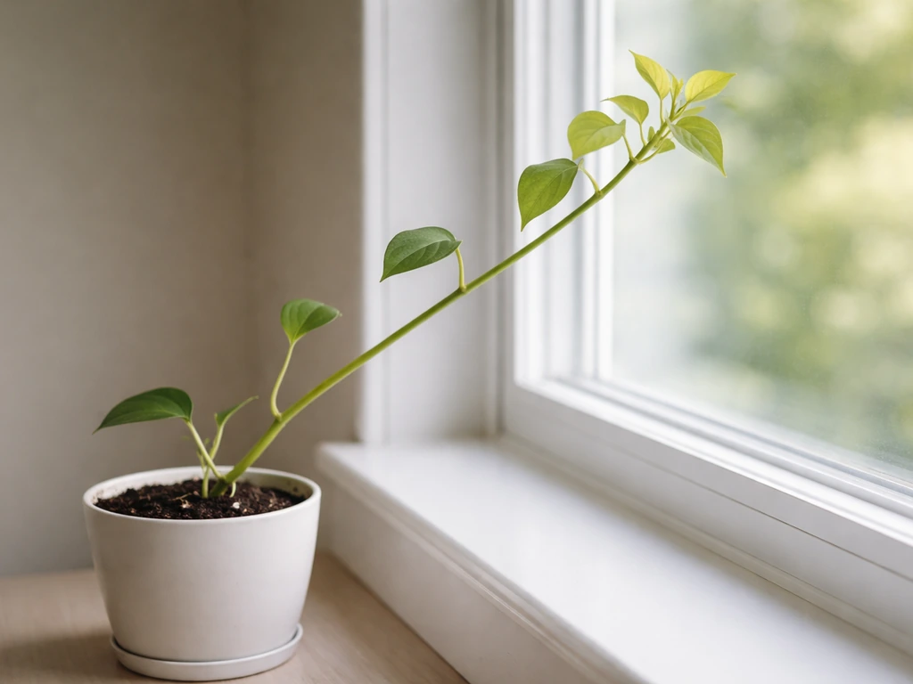 Potted houseplant with etiolation: pale new growth, smaller leaves, long stems leaning toward a window.