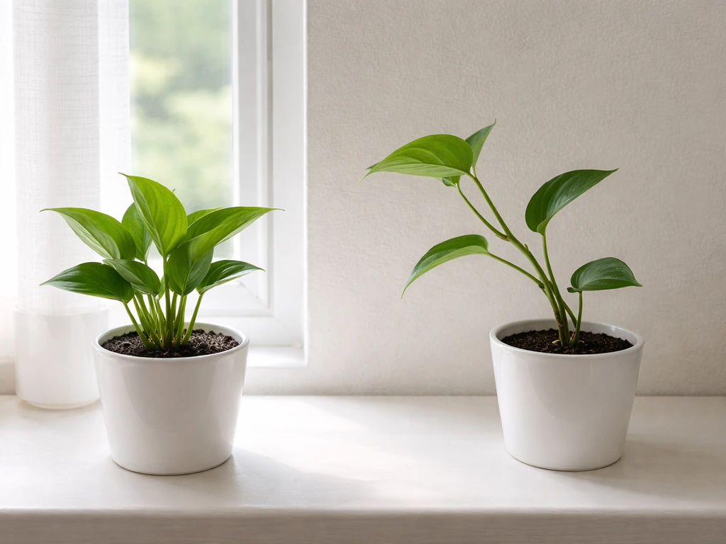 Two potted plants under different light distances, one stretching toward brighter light, realistic and minimal.