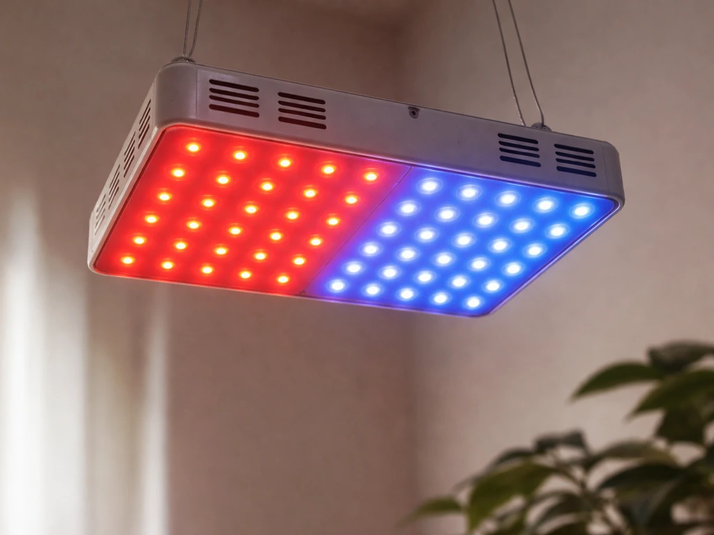 Close-up of a grow-light LED panel with glowing red and blue LEDs in a minimal indoor setting.