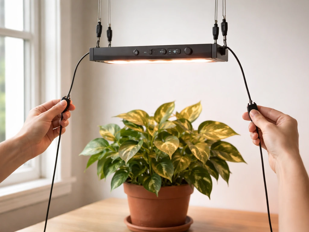 Hands adjusting an LED grow light’s height over a potted plant indoors, with the timer/dimmer visible.