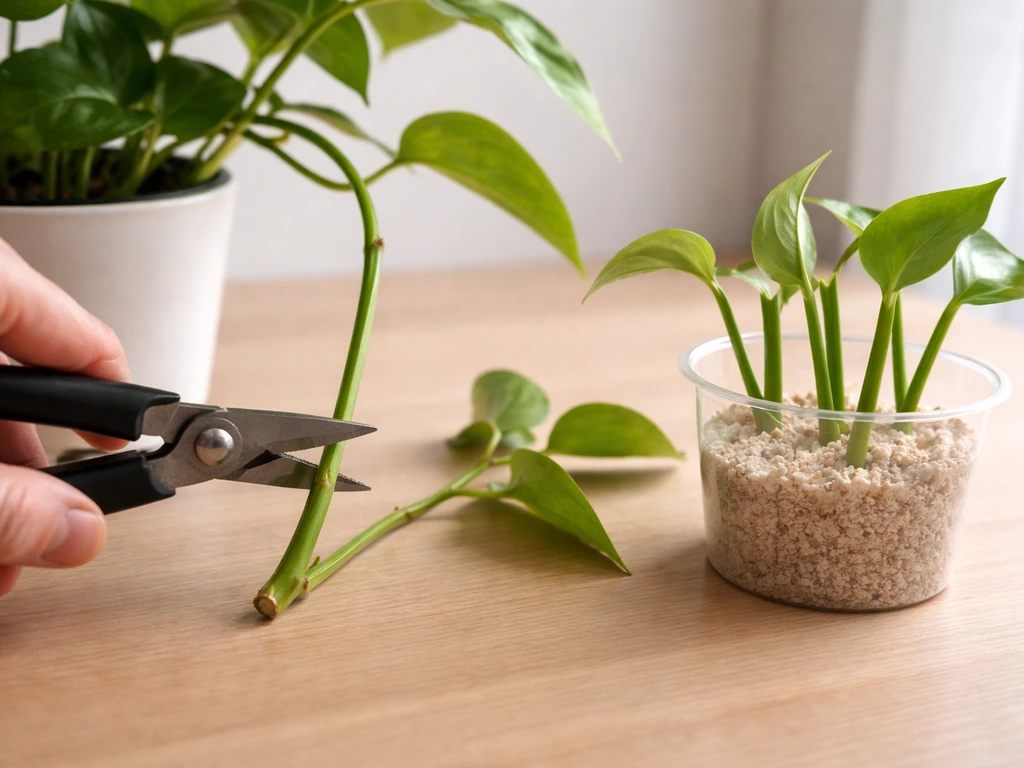 Leggy houseplant stem being pruned above a leaf node, with fresh cuttings in a small rooting tray
