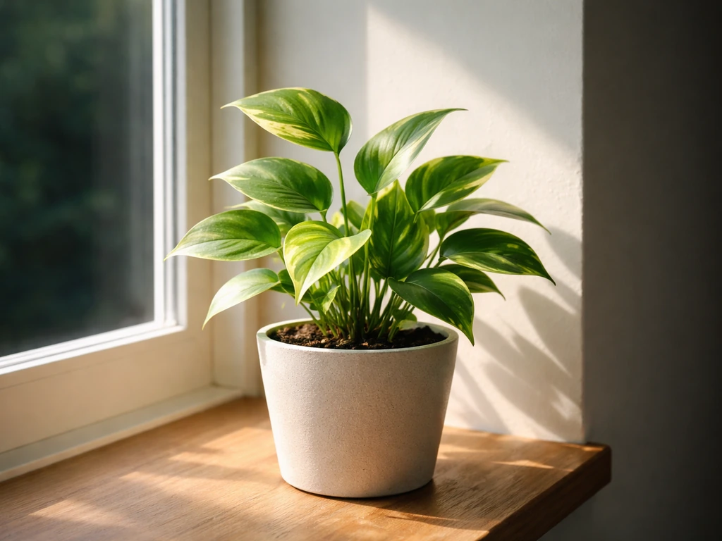 Potted green plant thriving with bright sunlight on leaves, darkened room background suggesting night