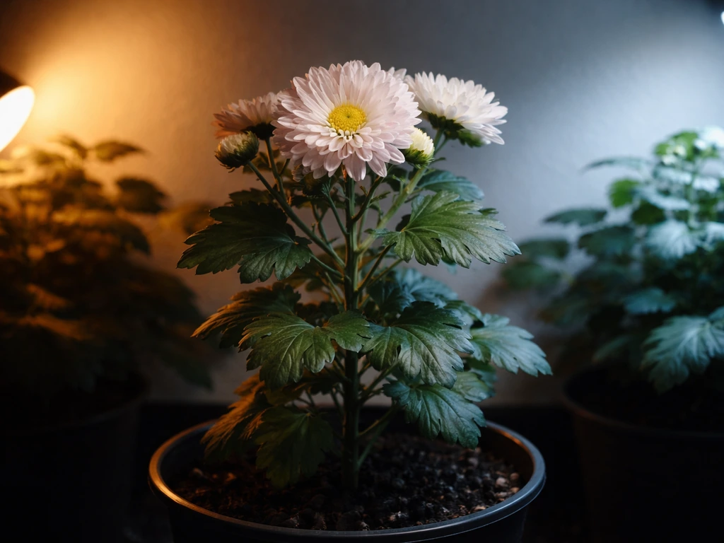 Close-up of a chrysanthemum plant with strong light contrasted against a shadowed dark side to suggest night period.