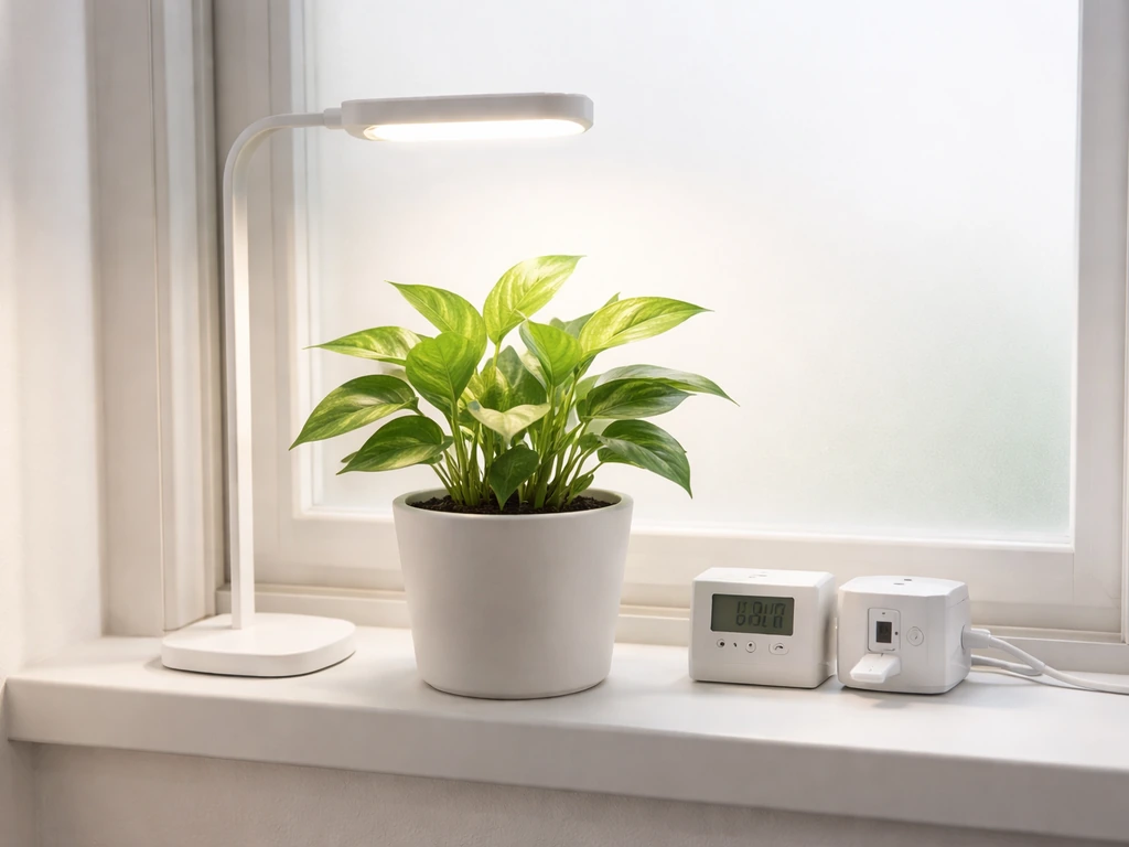 Indoor grow light above a potted plant, with a timer/smart plug nearby showing a consistent day/night setup.