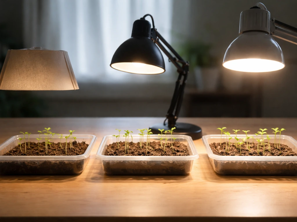 Three seedling groups in separate trays under dim, normal, and bright light on a simple tabletop