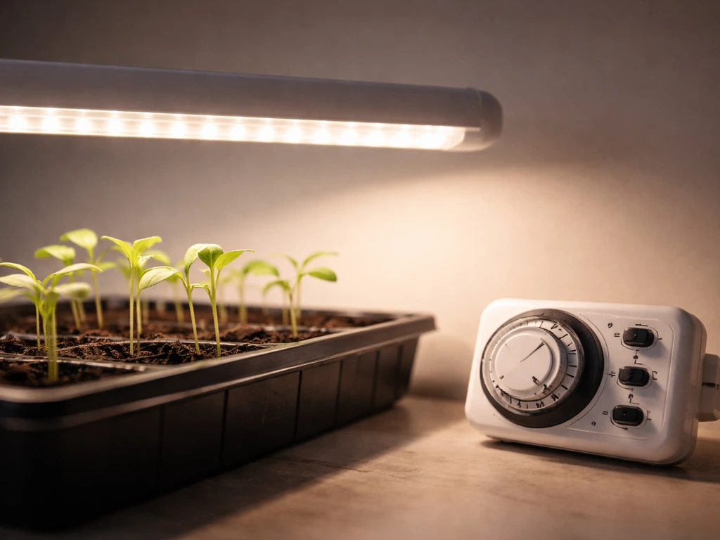 Close-up of a grow light and timer showing a light/dark cycle over seedling trays