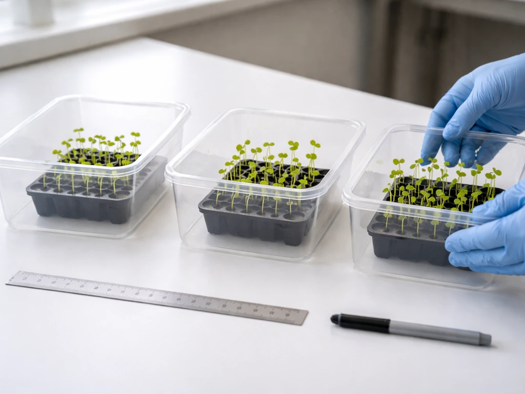 Gloved hands arranging three clear containers with young seedlings on a lab bench.