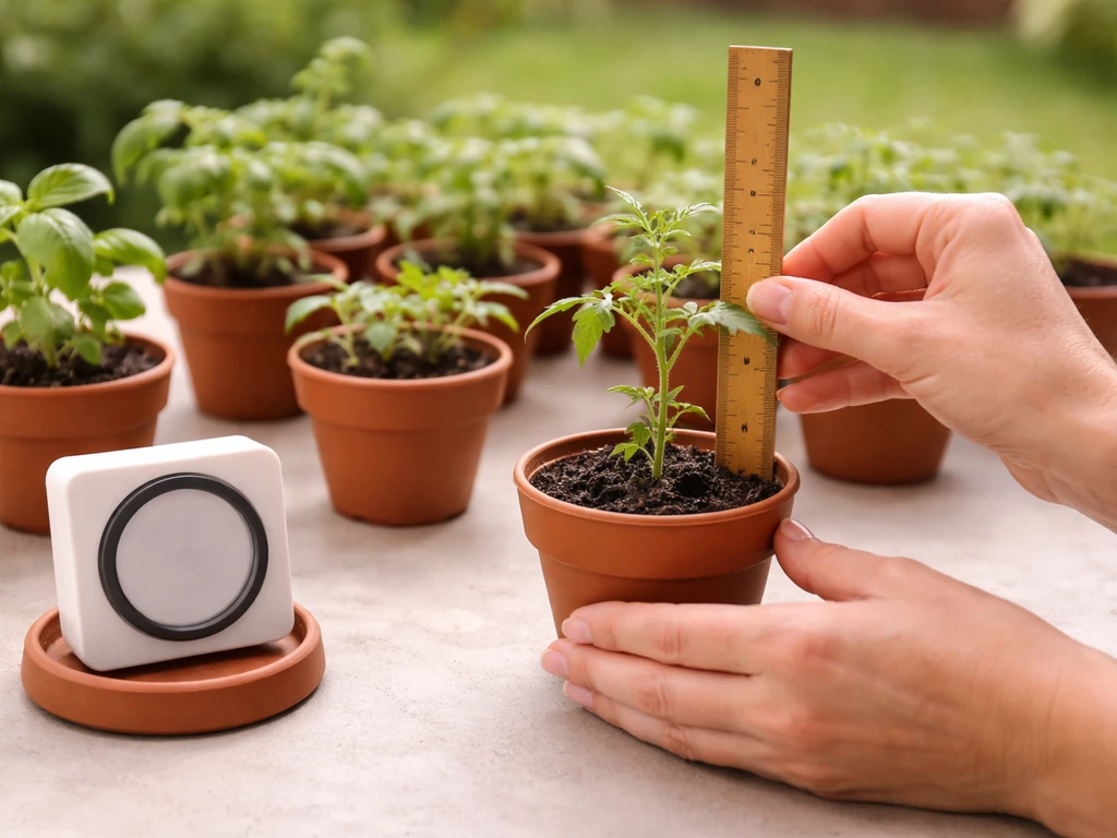 Hand measures a potted plant’s height while a small timer indicates a light schedule; leaves checked for color.